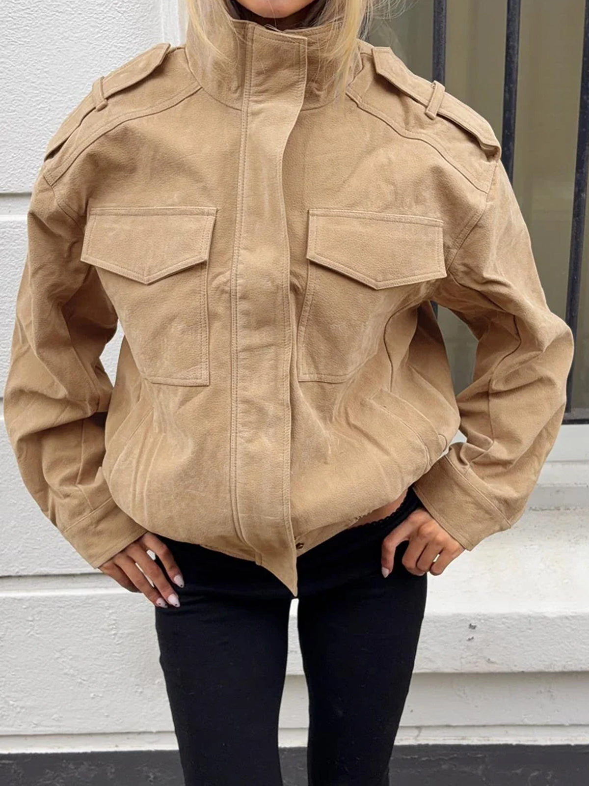 Brick Lane Skimming Faux-Fur Collar Suede Jacket - Brown