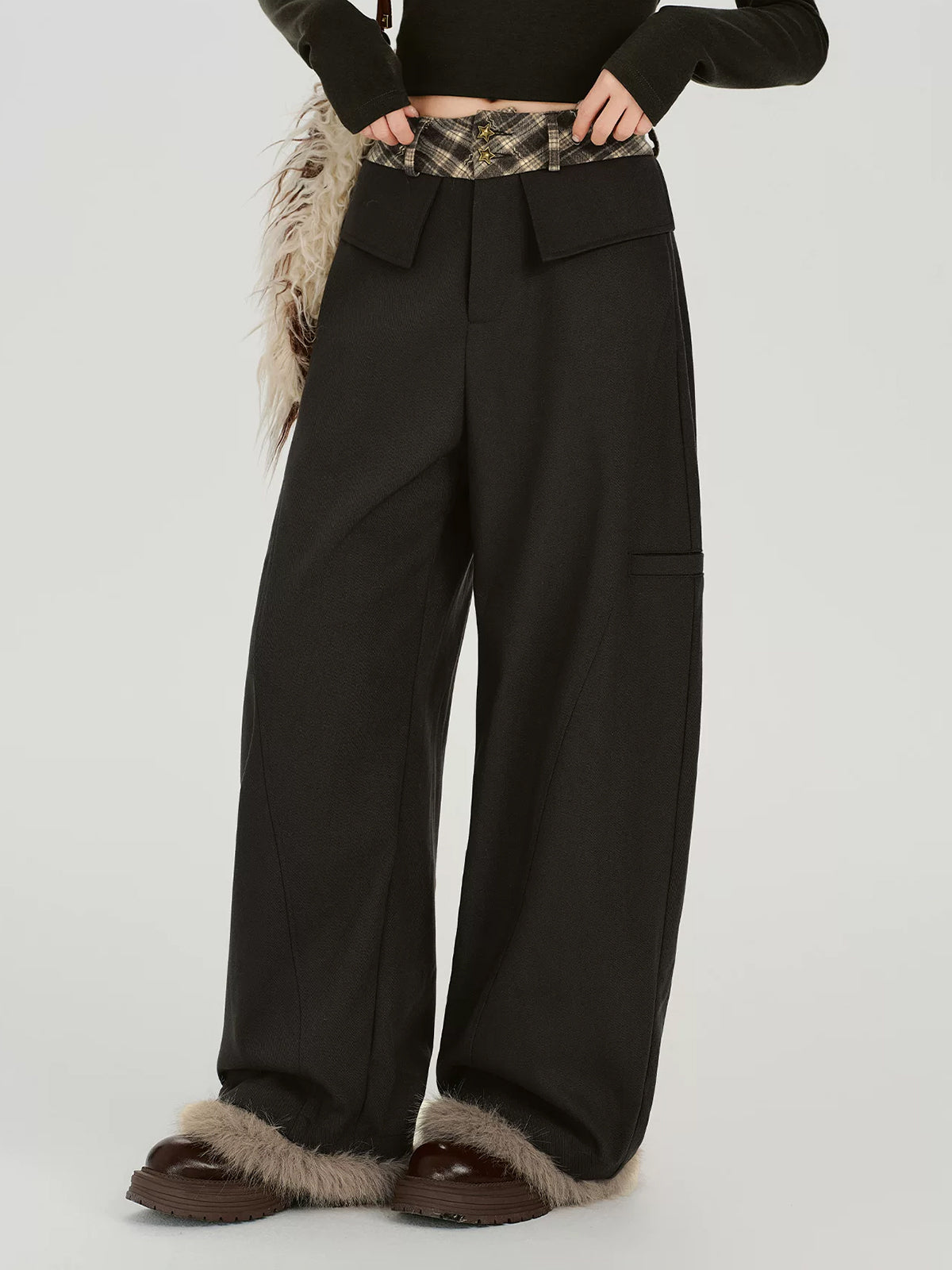 Co-ed Dorm Wide-leg Double Belted Denim Maxi Pants - Black
