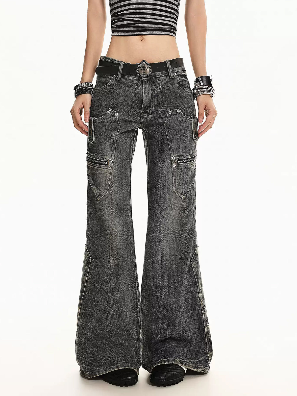 Brick Lane Low-Rise Flared Distressed Printed Maxi Pants - Dark Grey