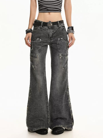 Brick Lane Low-Rise Flared Distressed Printed Maxi Pants - Dark Grey