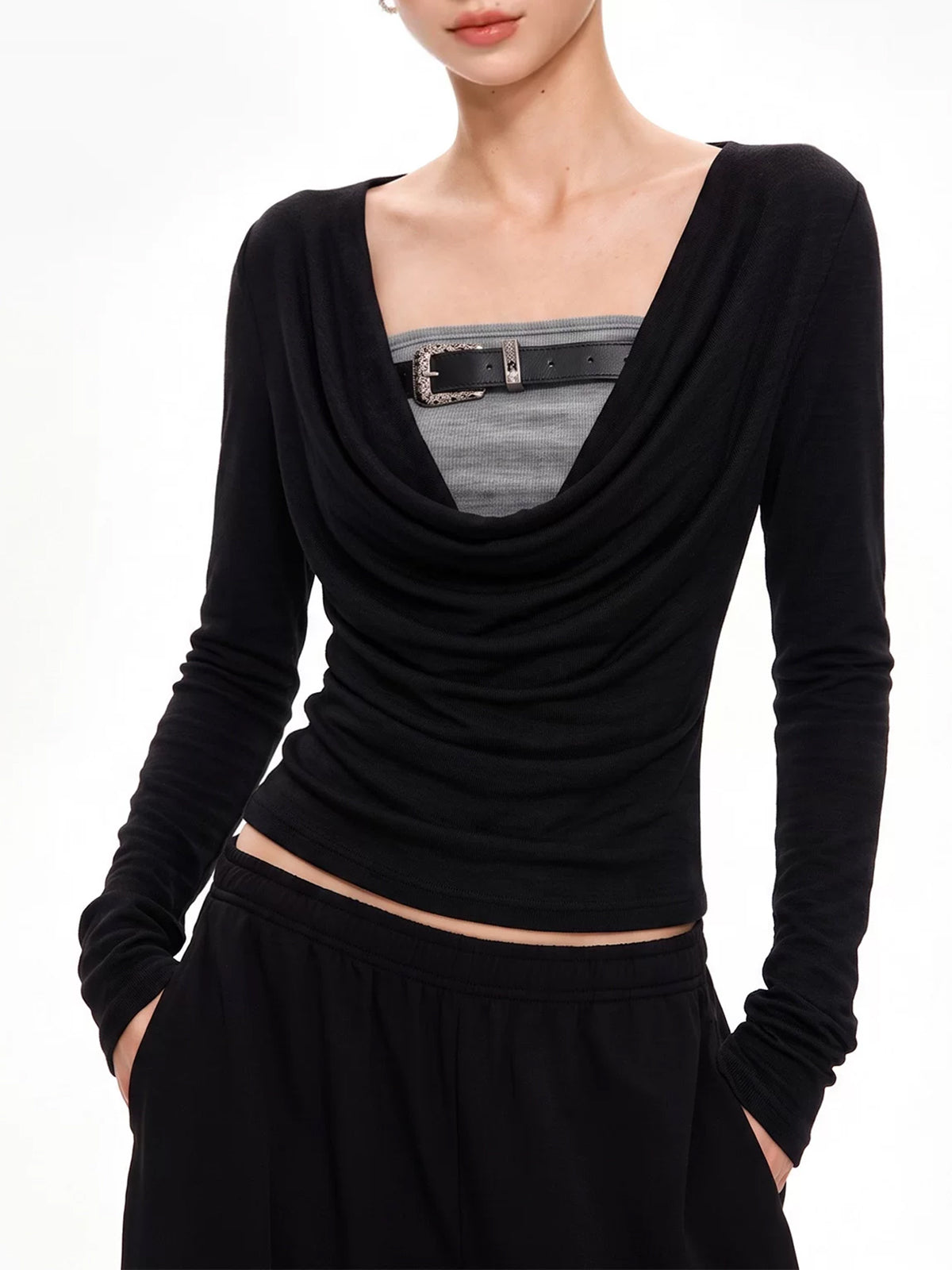 Co-ed Dorm Skimming Square Neck Long Sleeve Top - Black