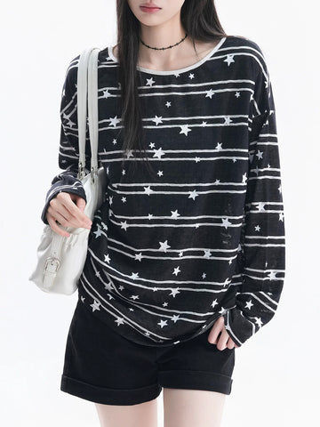 Brick Lane Striped Knit Long Sleeve Tee - Black/White