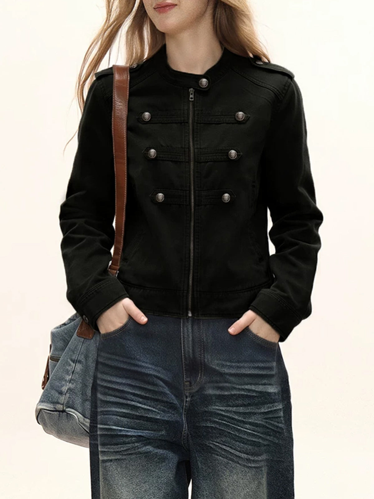 Co-ed Dorm Skimming Contrast Fur Collar Denim Jacket - Blue