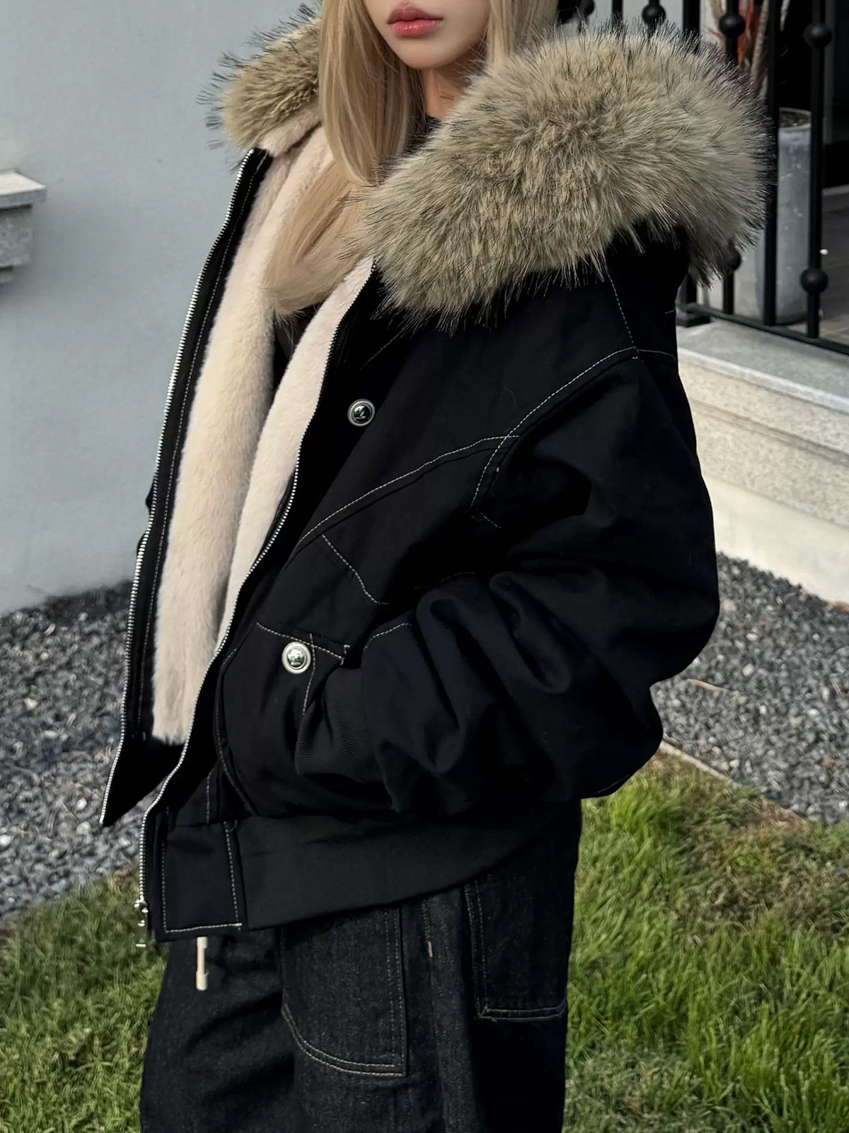 Weekday Outdoor Baggy Faux-Fur Hooded Puffer Jacket - Black