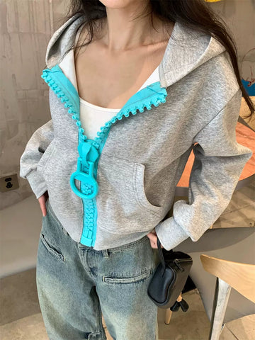 Weekday Outdoor Baggy Contrast Zip Hooded Jacket Top - Grey