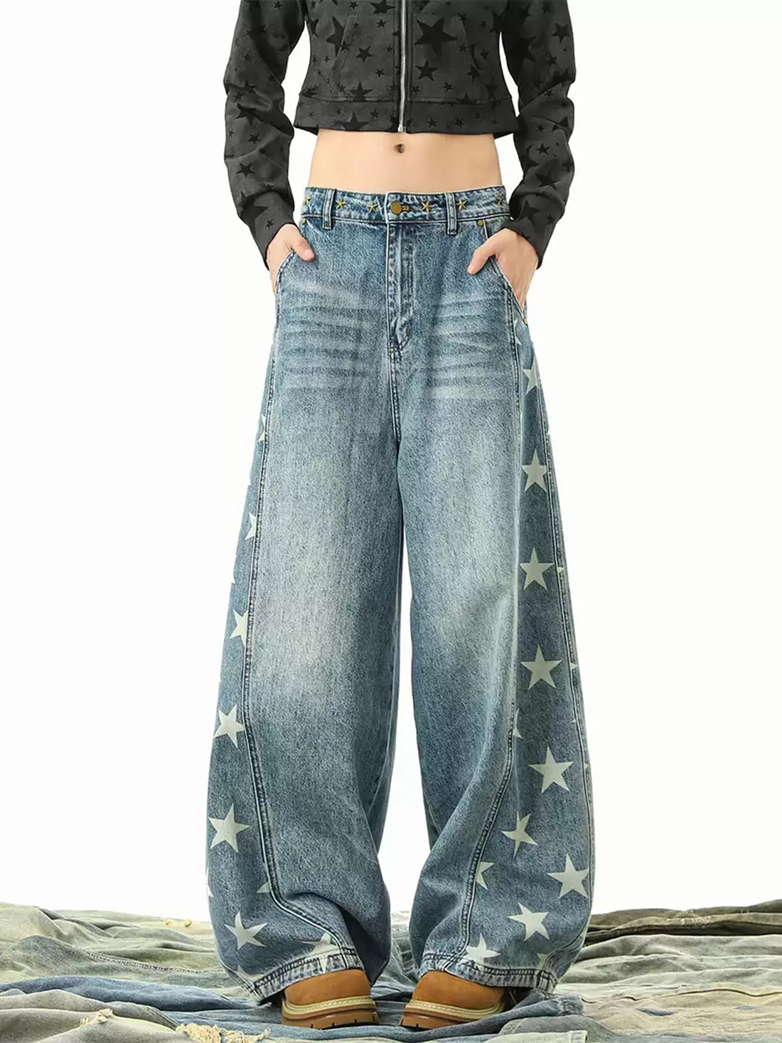 Brick Lane Foldover Waist Denim Maxi Pants - Blue