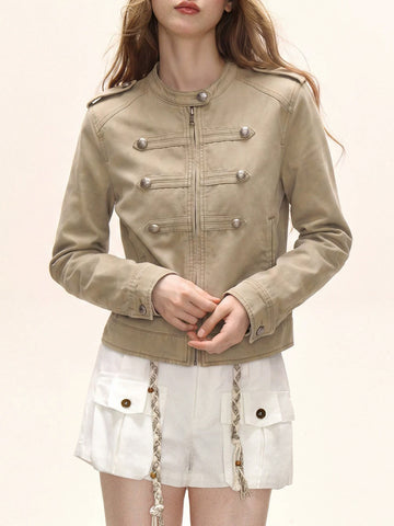 Brick Lane Skimming Patterned Knit Zip Cardigan - Brown