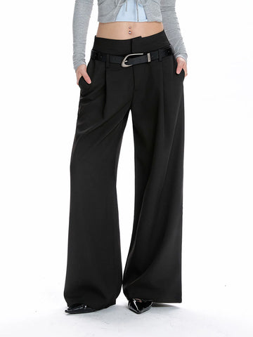 Co-ed Dorm Wide-leg Contrast Fold-over Waist Maxi Pants - Black