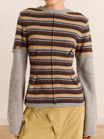 American Club Skimming Striped Knit Top - Brown