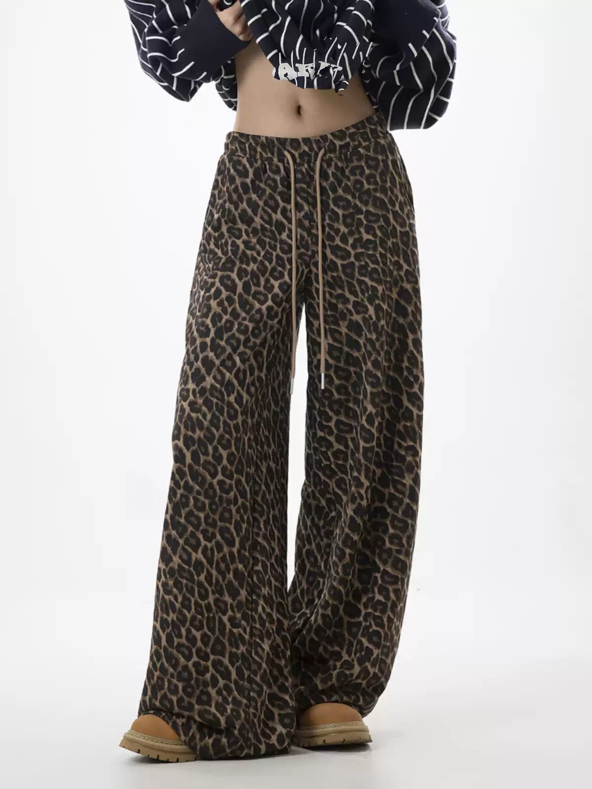 Brick Lane Wide-leg Leopard Print Drawstring Maxi Pants - Brown