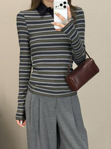 American Club Skimming Striped Button-up Long Sleeve Top - Grey