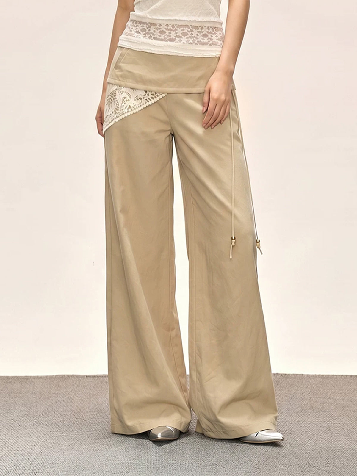 Co-ed Dorm Wide-leg Flowy Pleated Maxi Pants - Beige