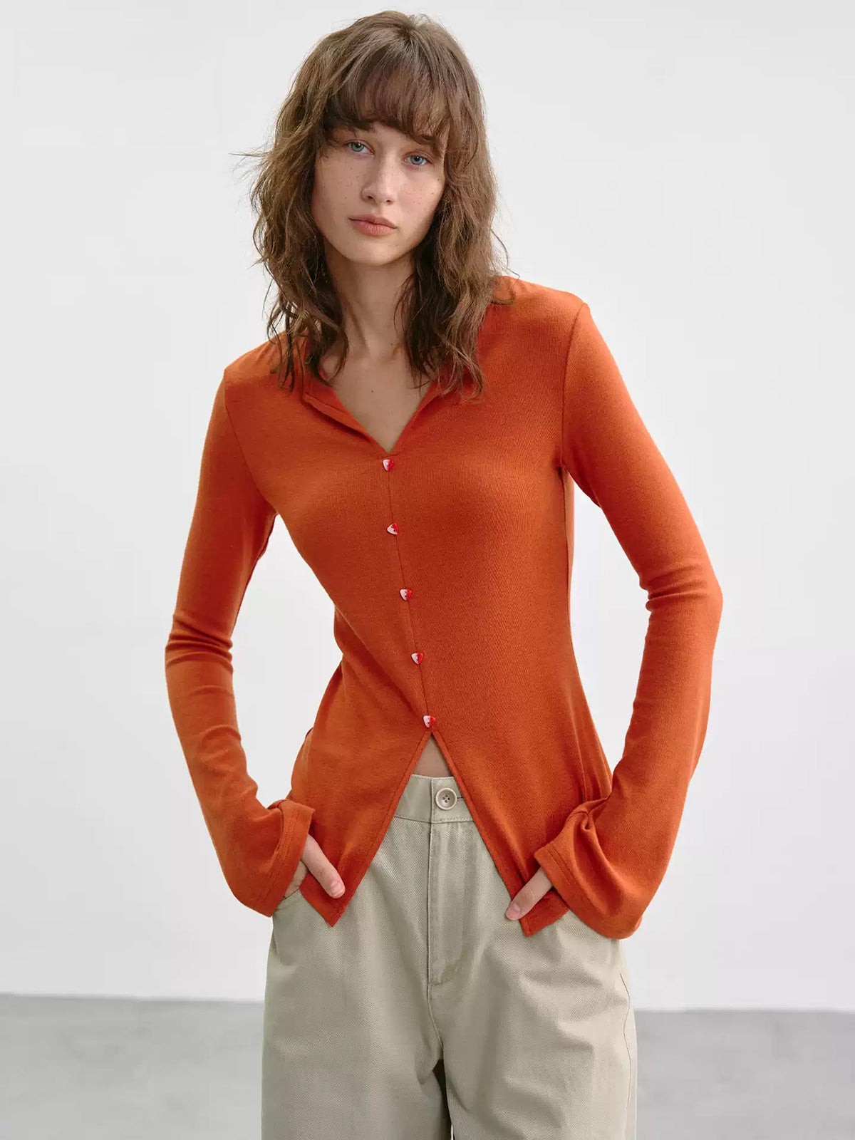 Brick Lane Turn-Down Collar Button Knit Cardigan - Orange