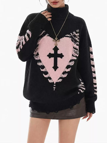 Brick Lane Mock Neck Heart Cross Graphic Knit Sweater - Black