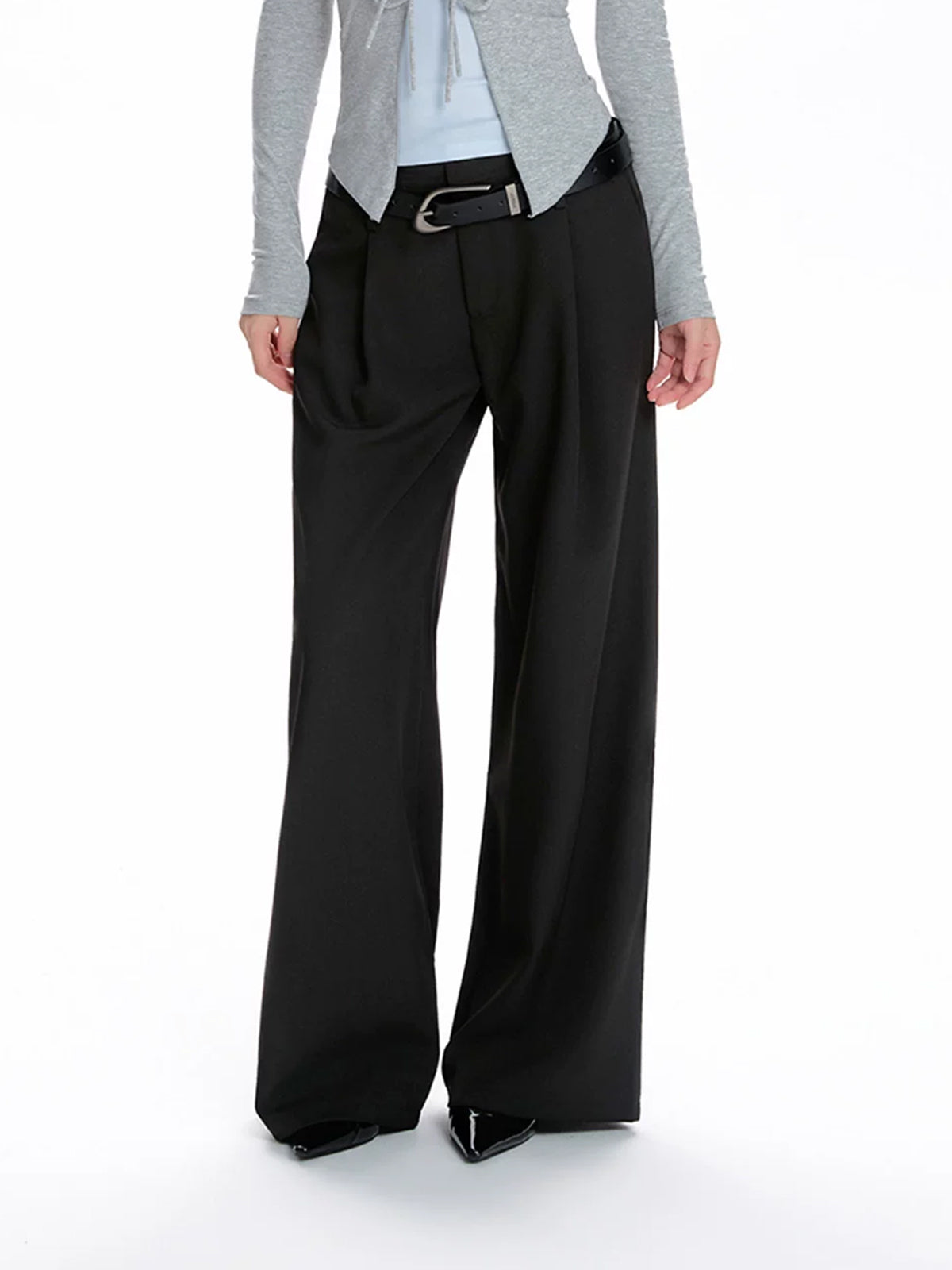 Co-ed Dorm Wide-leg Contrast Fold-over Waist Maxi Pants - Black