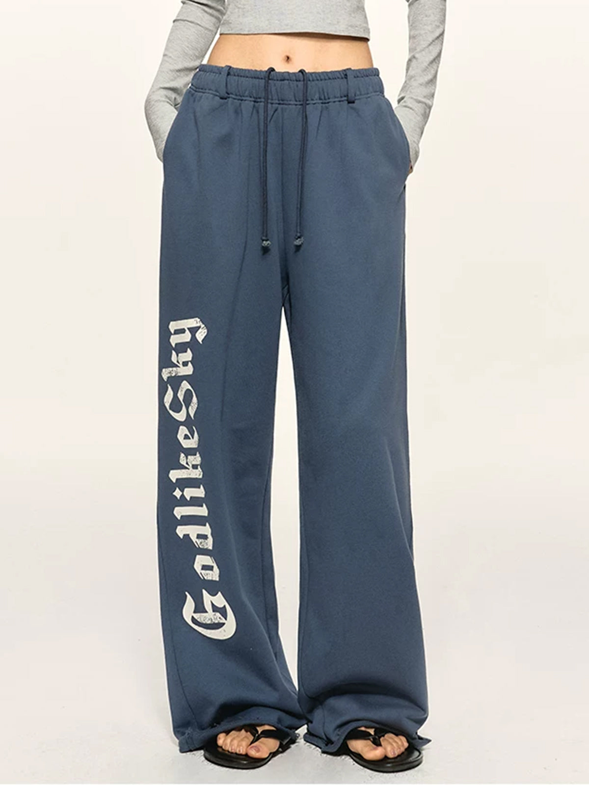 Co-ed Dorm Wide-leg Contrast Trim Denim Maxi Pants - Blue