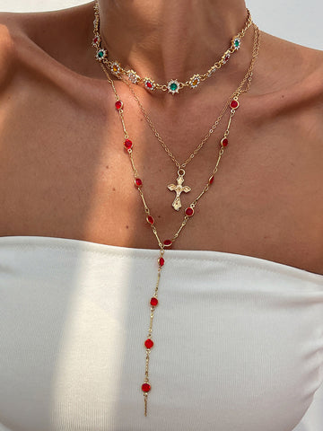 Rosary Play Necklace Set - Gold Ruby