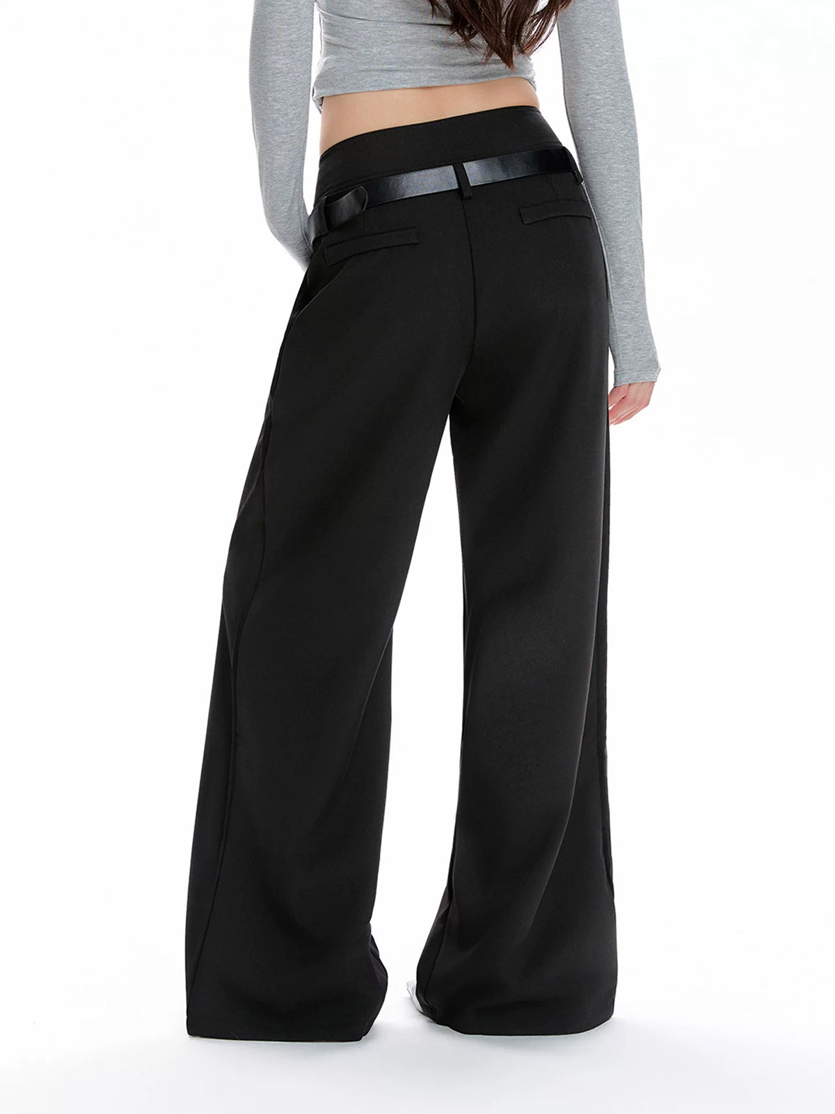 Co-ed Dorm Wide-leg Contrast Fold-over Waist Maxi Pants - Black