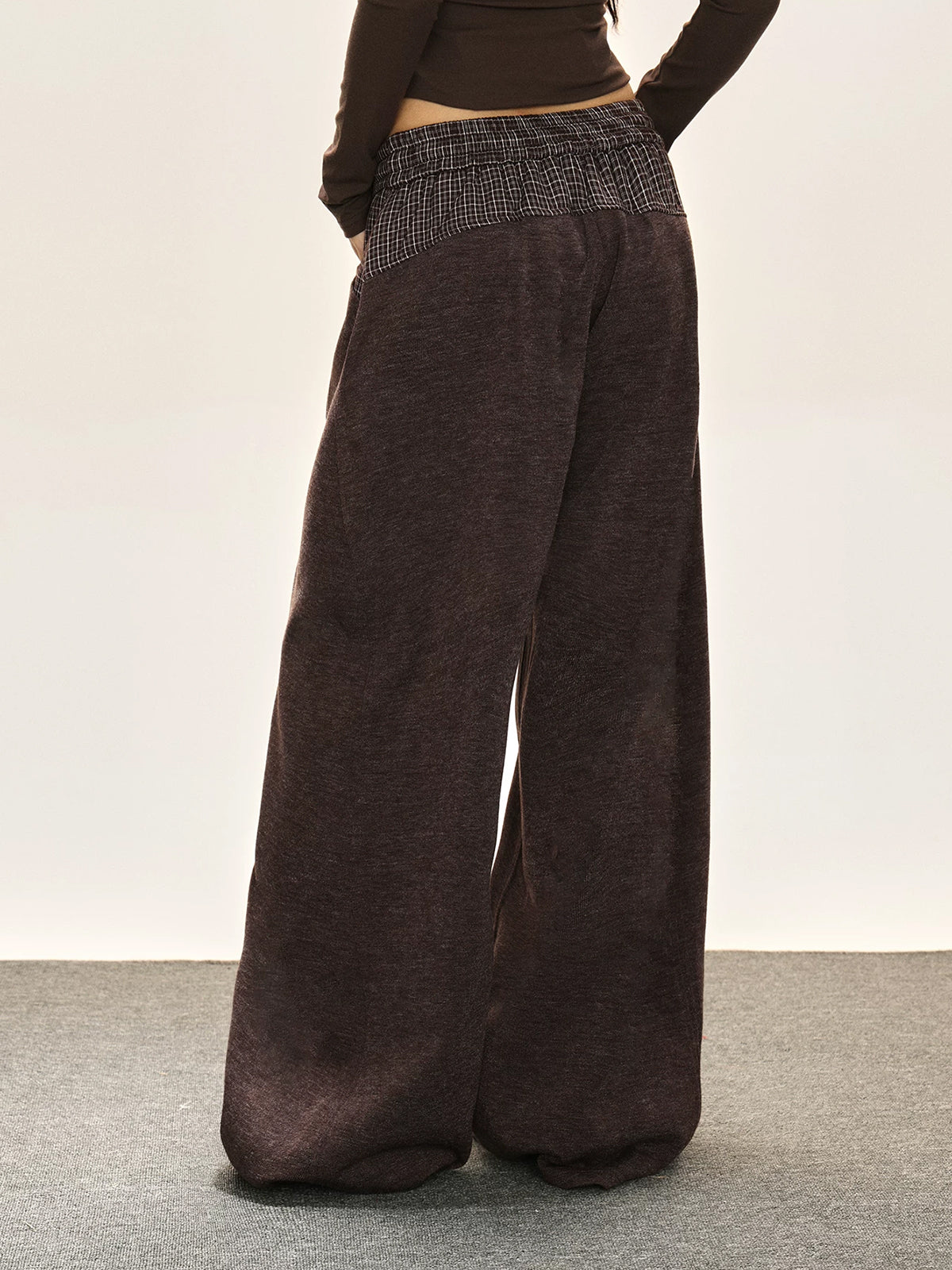 Co-ed Dorm Wide-leg Contrast Fold-over Waist Maxi Pants - Black