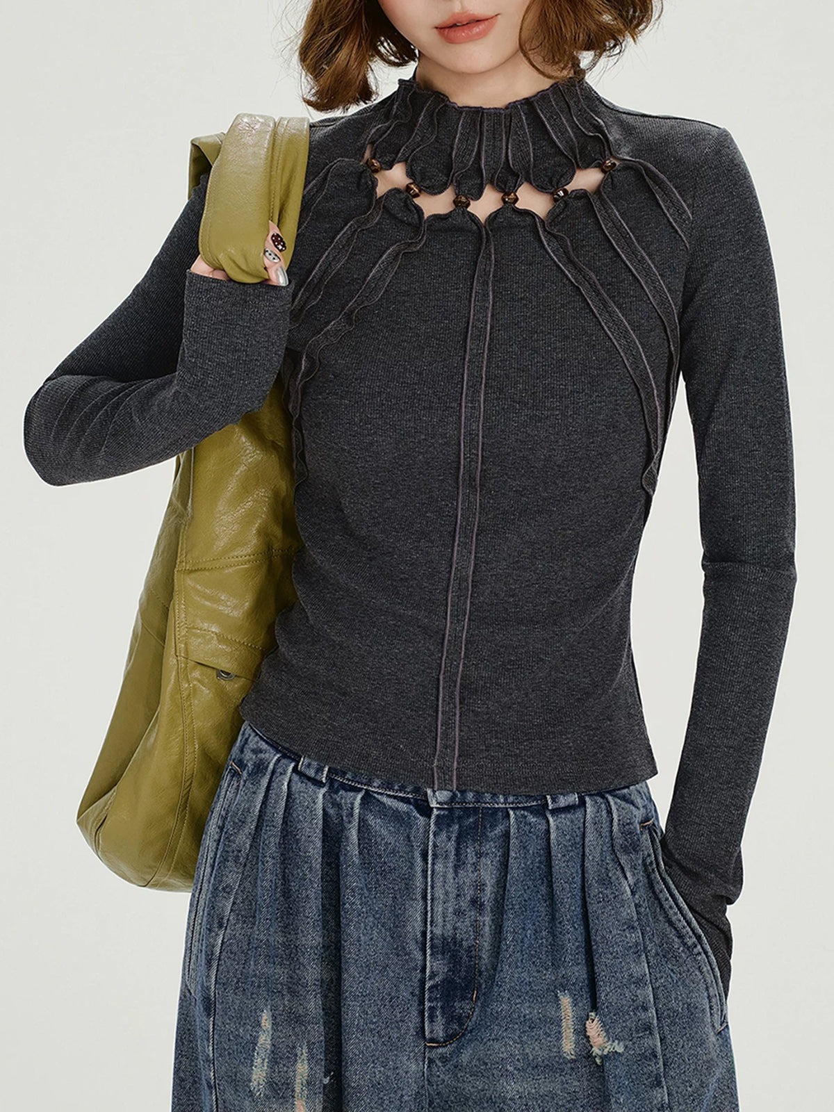 Co-ed Dorm Skimming Lettuce Edge Knit Top - Blue
