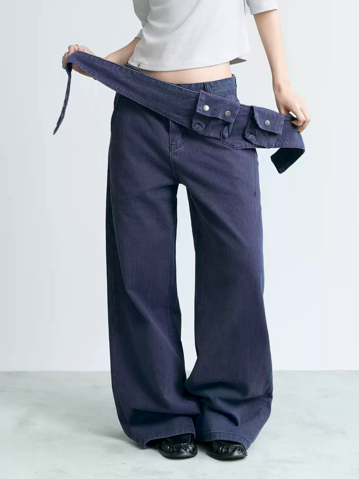 Brick Lane Foldover Waist Denim Maxi Pants - Blue