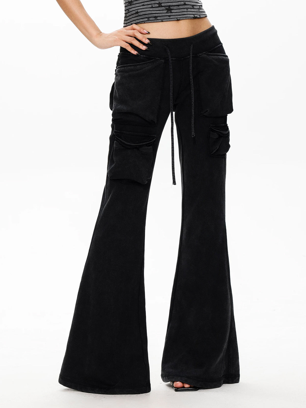 Co-ed Dorm Skimming Cutout Flare Denim Maxi Pants - Black