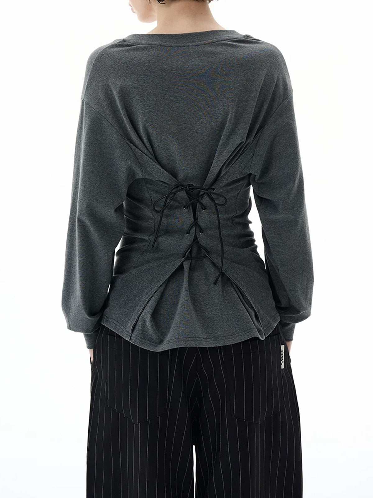 Brick Lane Tiered Ruffle Tie-Back Long Sleeve Blouse - Charcoal
