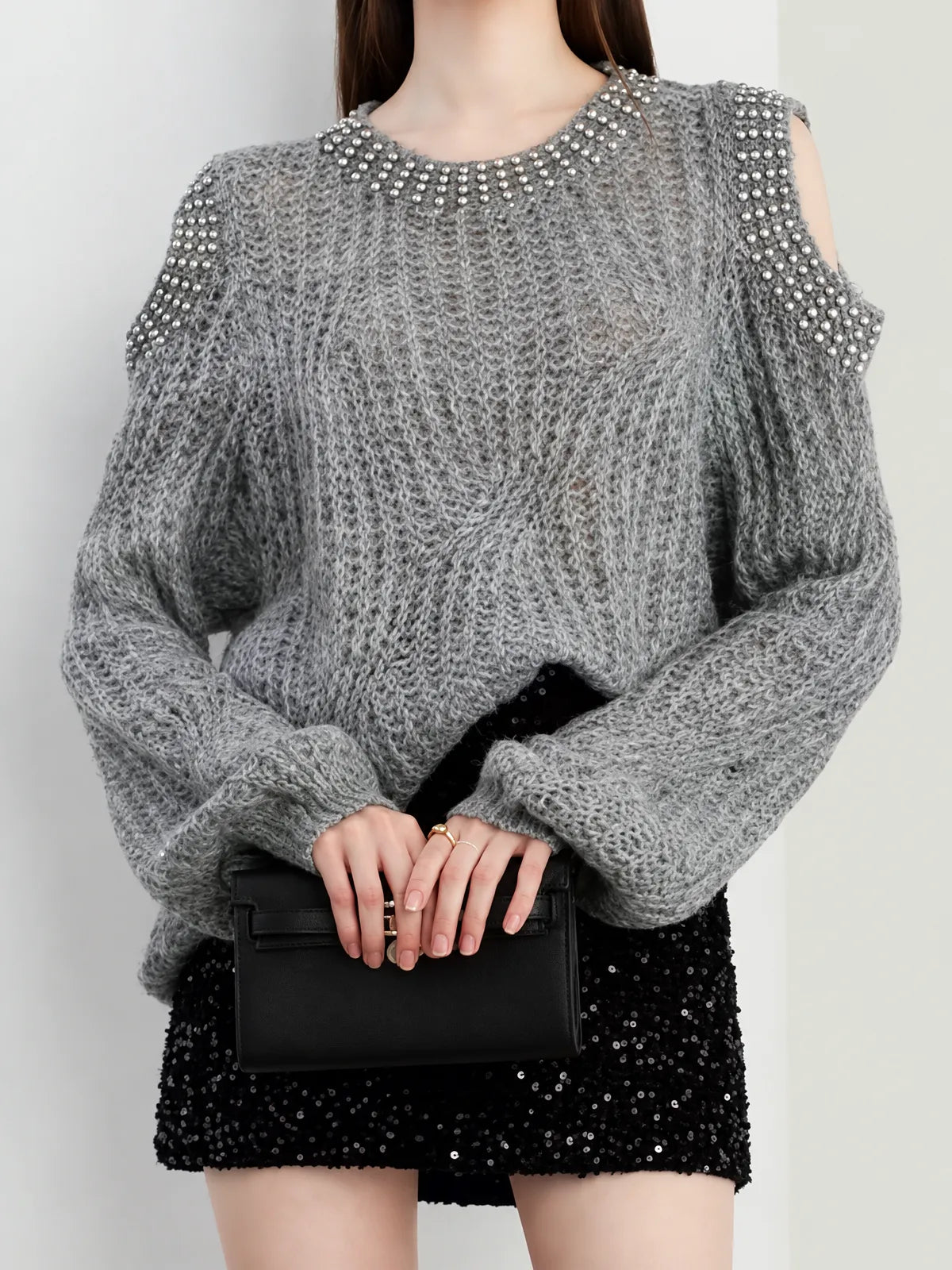 Brick Lane Ruffle Trim Textured Knit Long Sleeve Sweater - Heather Grey