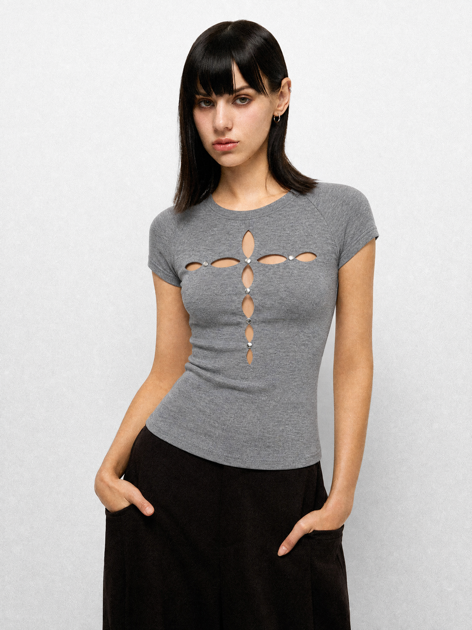 Brick Lane Skimming Rhinestone Cut Out T-Shirt - Grey