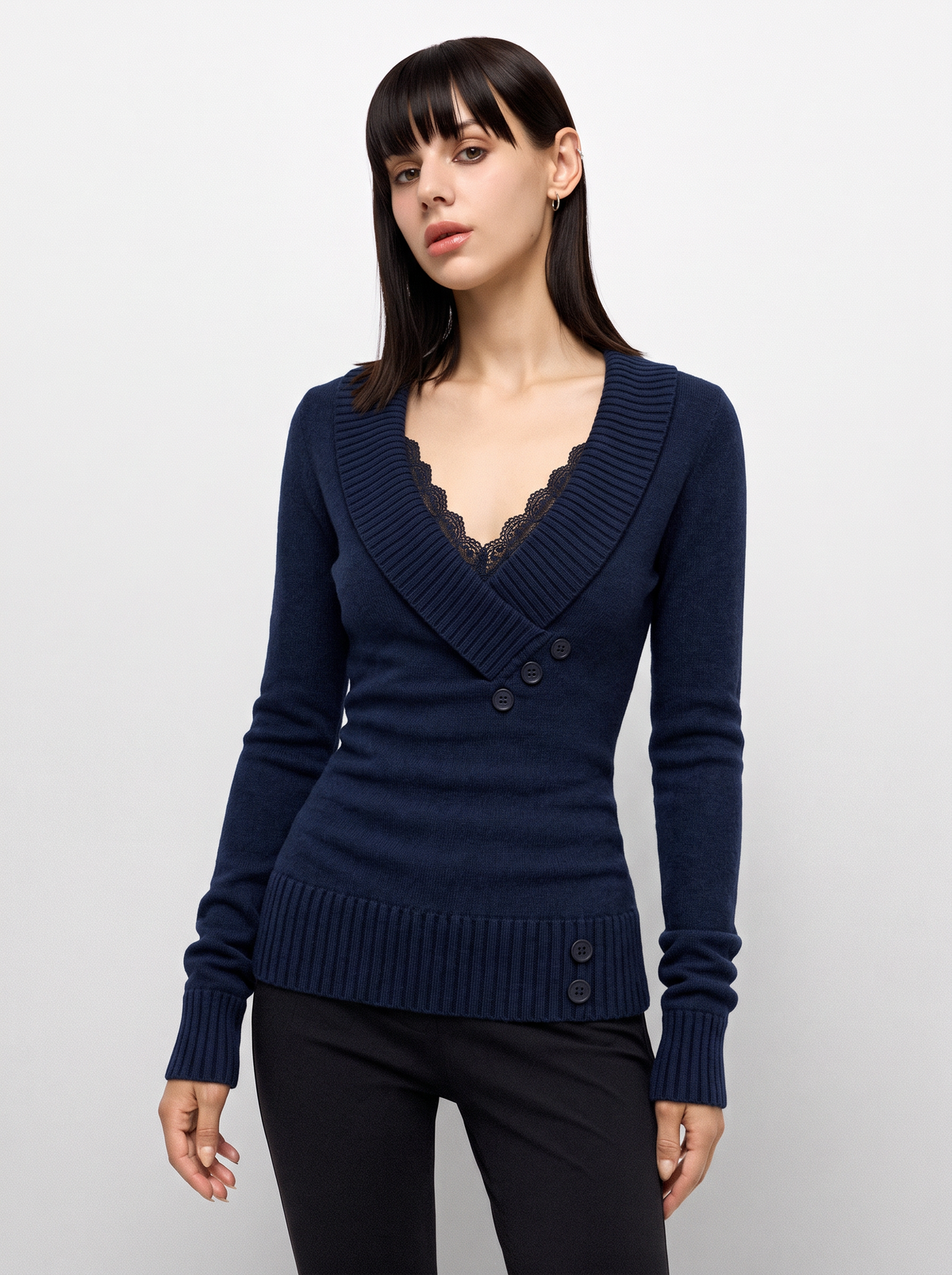 Brick Lane Surplice Wrap V-Neck Ribbed Knit Sweater - Navy Blue