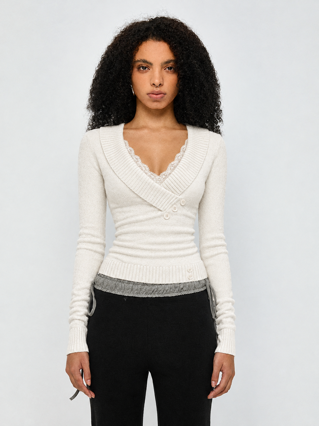 Brick Lane Surplice Wrap V-Neck Ribbed Knit Sweater - Off-White