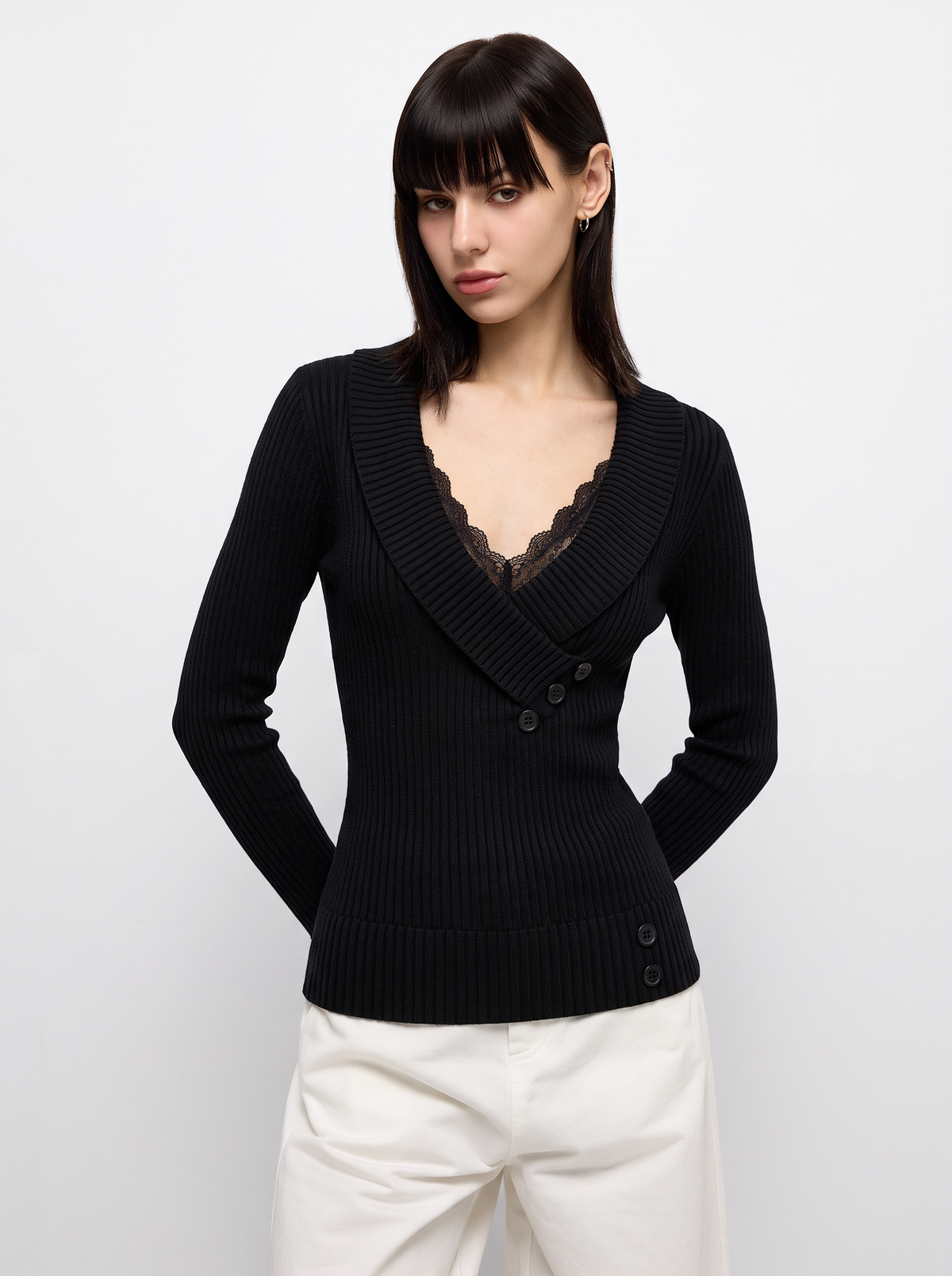 Brick Lane Surplice Wrap V-Neck Ribbed Knit Sweater - Black