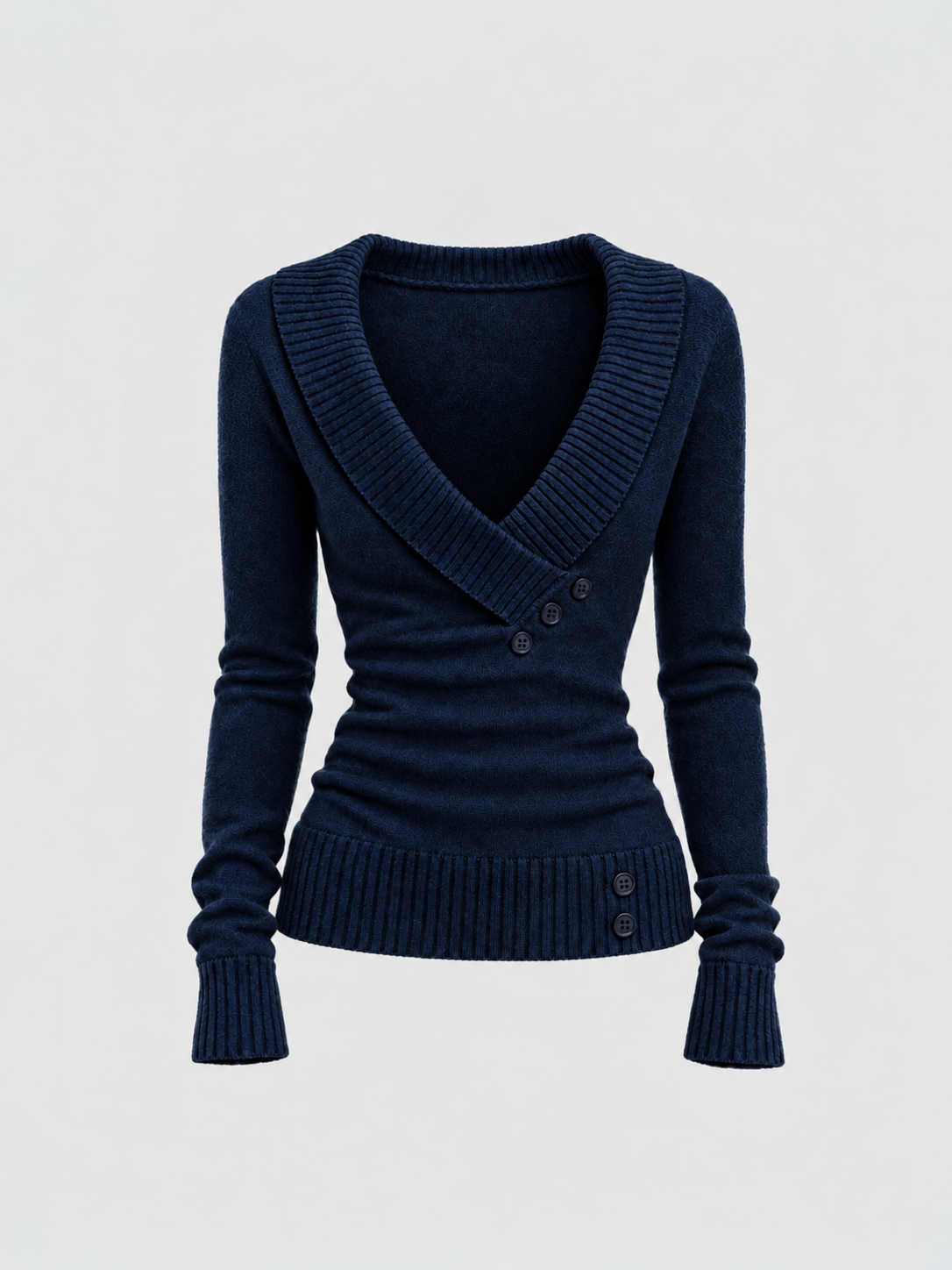 Brick Lane Surplice Wrap V-Neck Ribbed Knit Sweater - Navy Blue