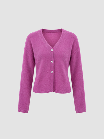 Brick Lane V-Neck Button-Up Knit Cardigan - Magenta Pink