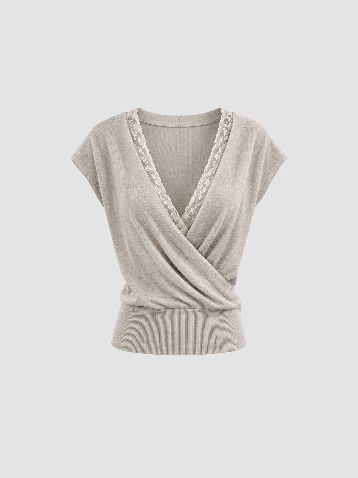 Brick Lane Surplice Wrap V-Neck Cap Sleeve Top - Oatmeal
