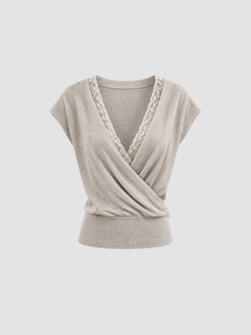 Brick Lane Surplice Wrap V-Neck Cap Sleeve Top - Oatmeal