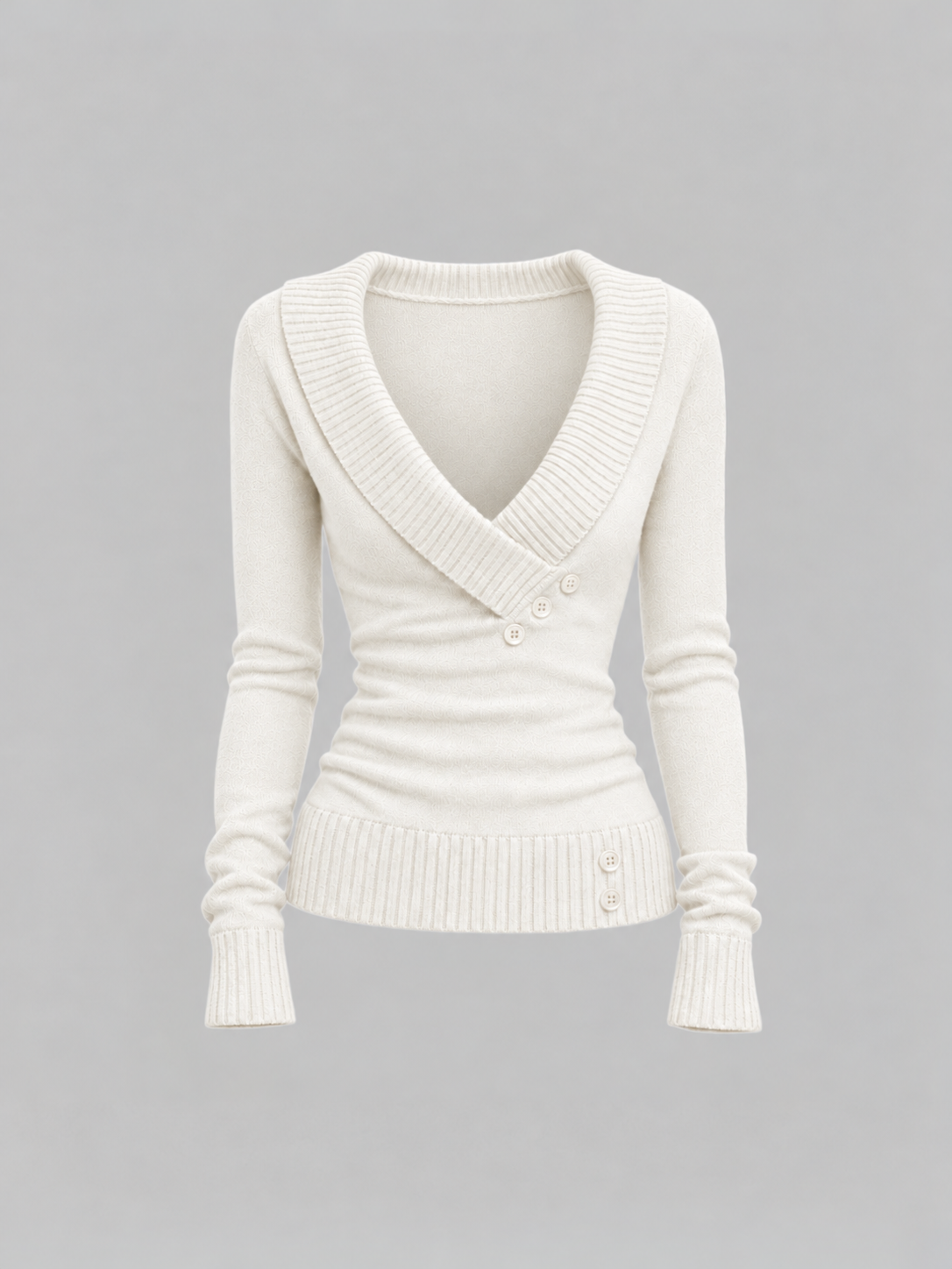 Brick Lane Surplice Wrap V-Neck Ribbed Knit Sweater - Off-White