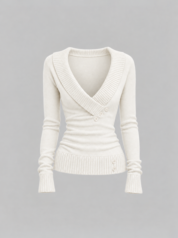 Brick Lane Surplice Wrap V-Neck Ribbed Knit Sweater - Off-White