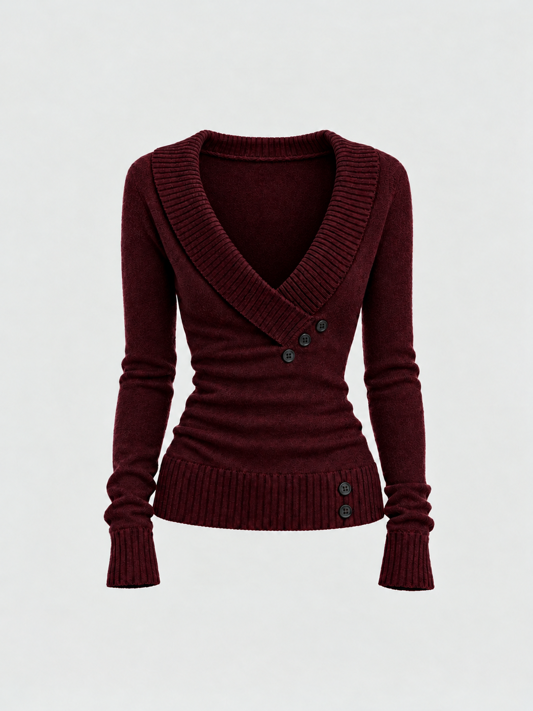 Brick Lane Surplice Wrap V-Neck Ribbed Knit Sweater - Burgundy