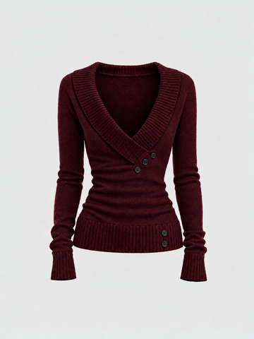 Brick Lane Surplice Wrap V-Neck Ribbed Knit Sweater - Burgundy