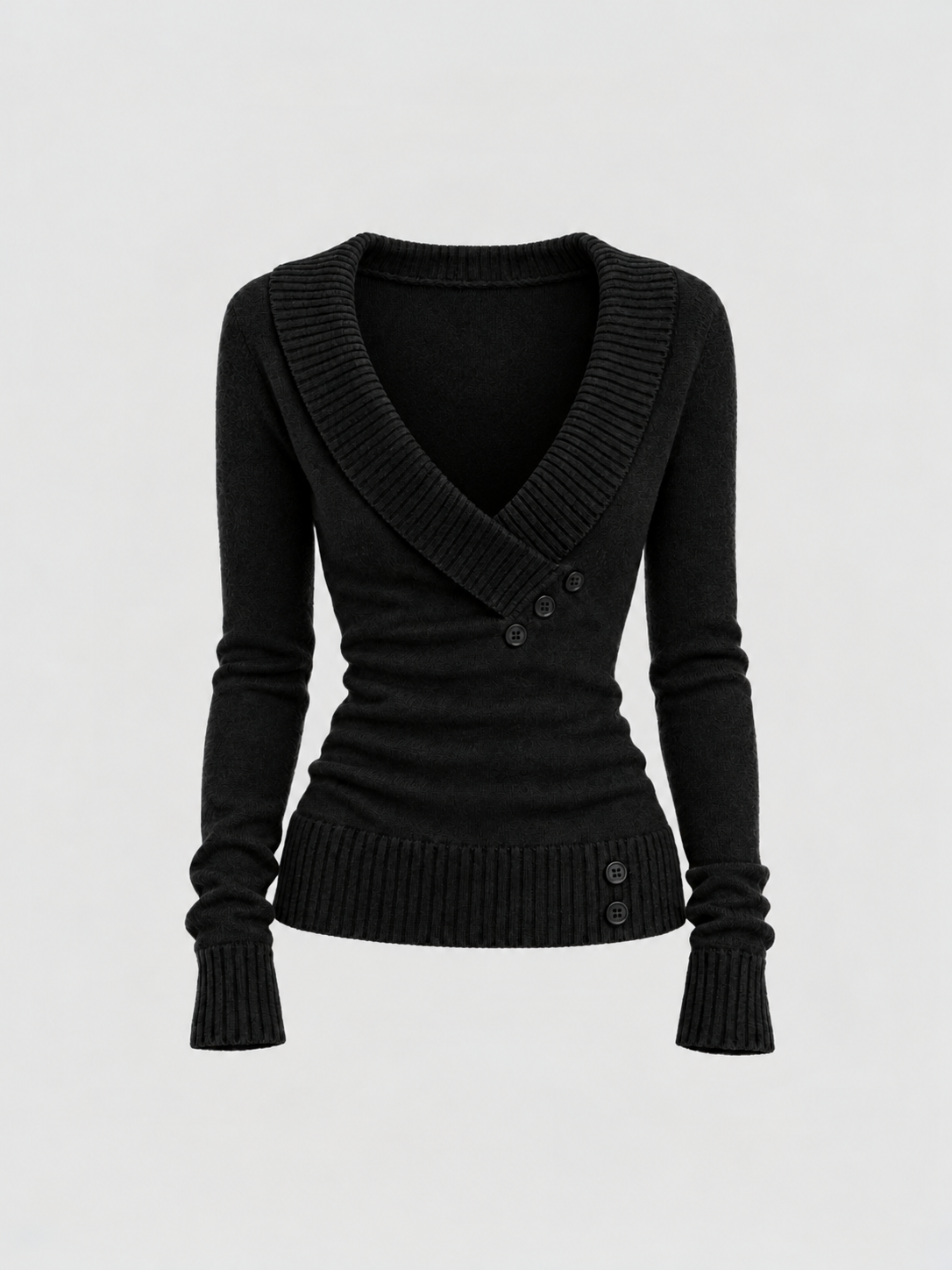 Brick Lane Surplice Wrap V-Neck Ribbed Knit Sweater - Black