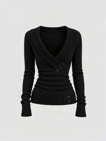Brick Lane Surplice Wrap V-Neck Ribbed Knit Sweater - Black