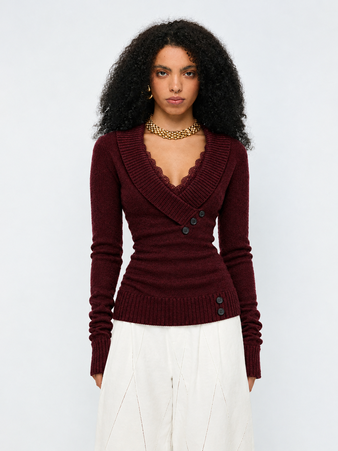 Brick Lane Surplice Wrap V-Neck Ribbed Knit Sweater - Burgundy