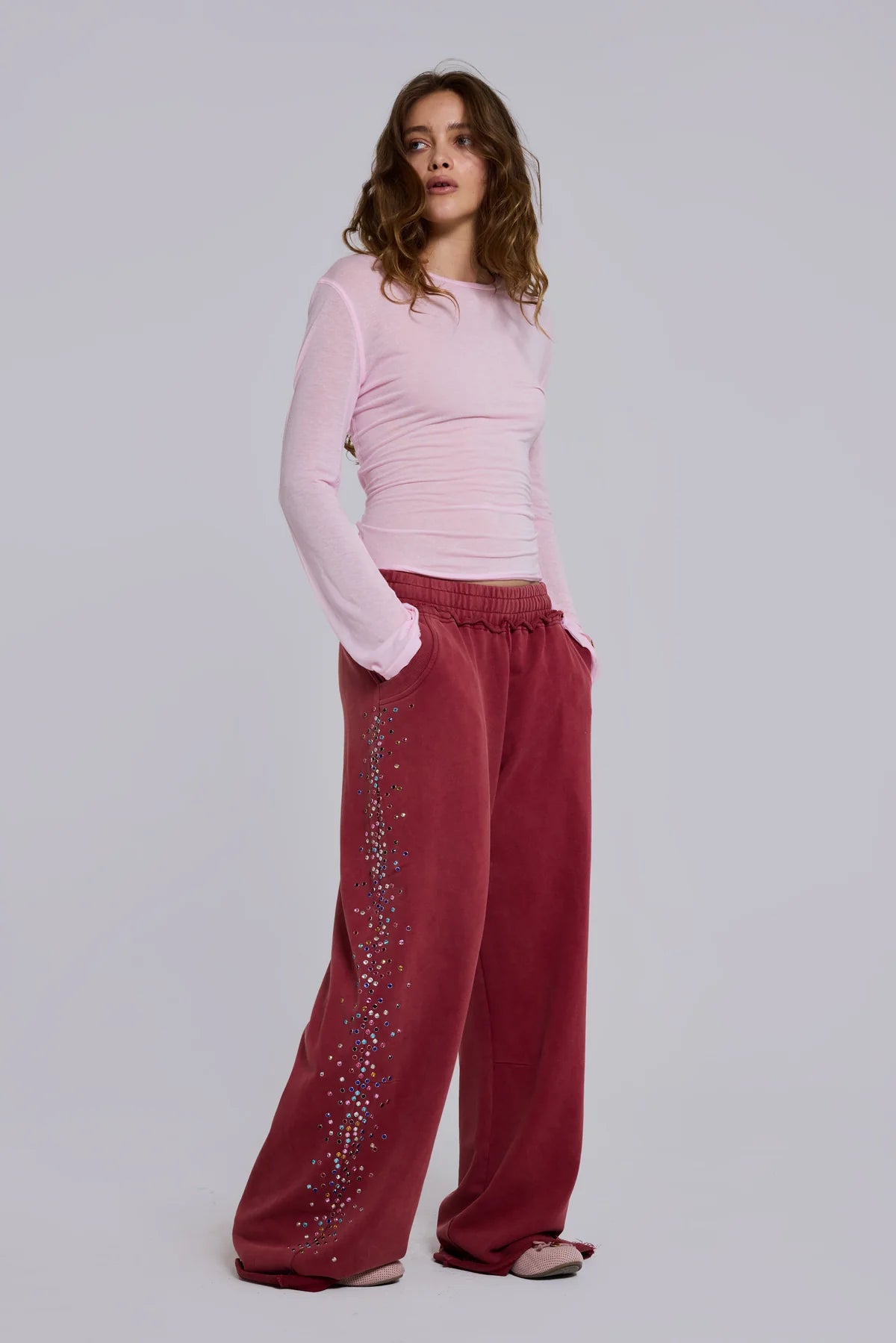 American Club Wide-leg Side-Stripe Velour Maxi Pants - Red