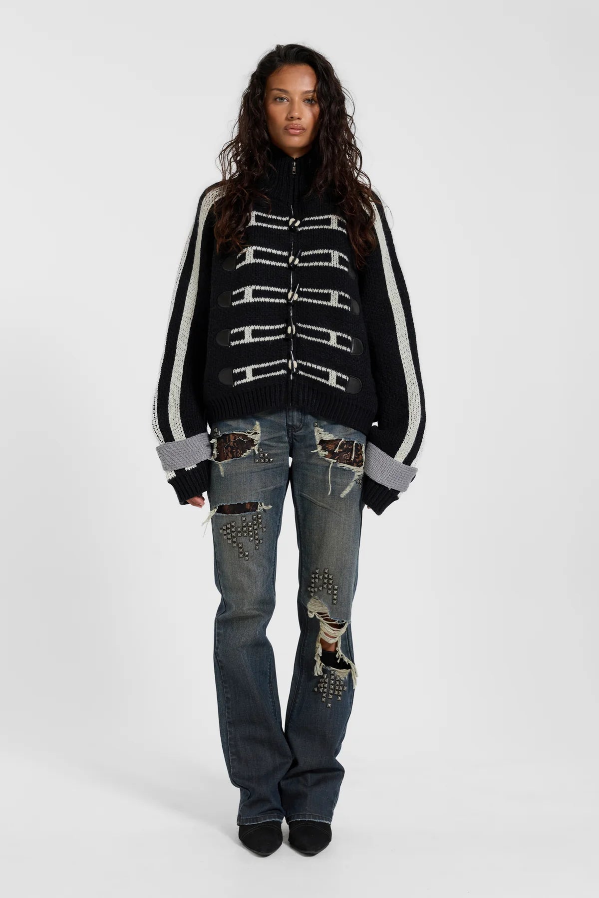 American Club Skimming Side-Stripe Multi-Pocket Zip Jacket - Black