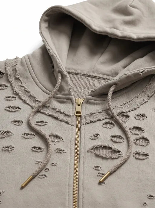 Co-ed Dorm Baggy Heavily Distressed Zip-up Hoodie - Grey