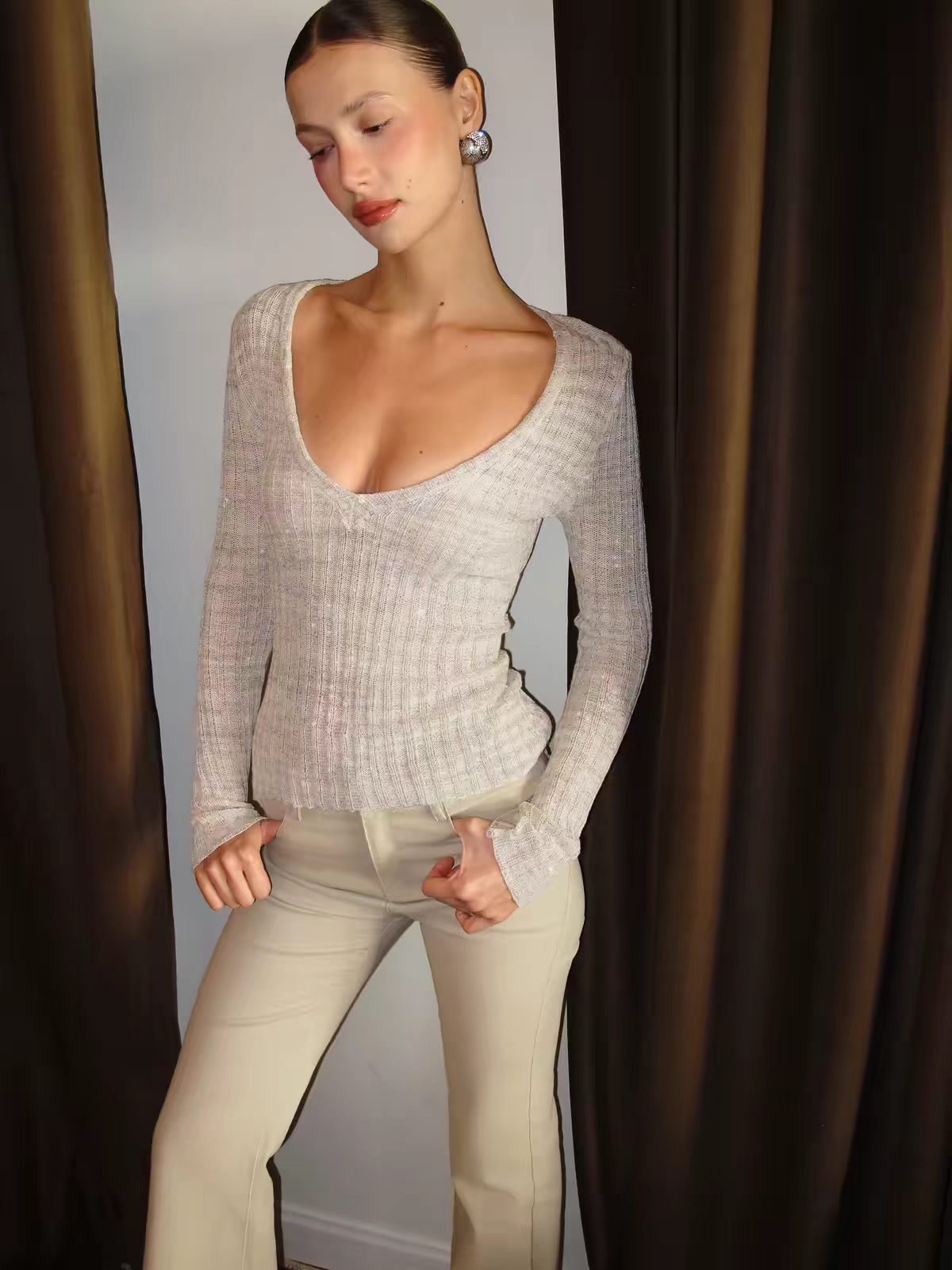 Brick Lane Lace Trim V-Neck Textured Long Sleeve Knit Top - Off-White