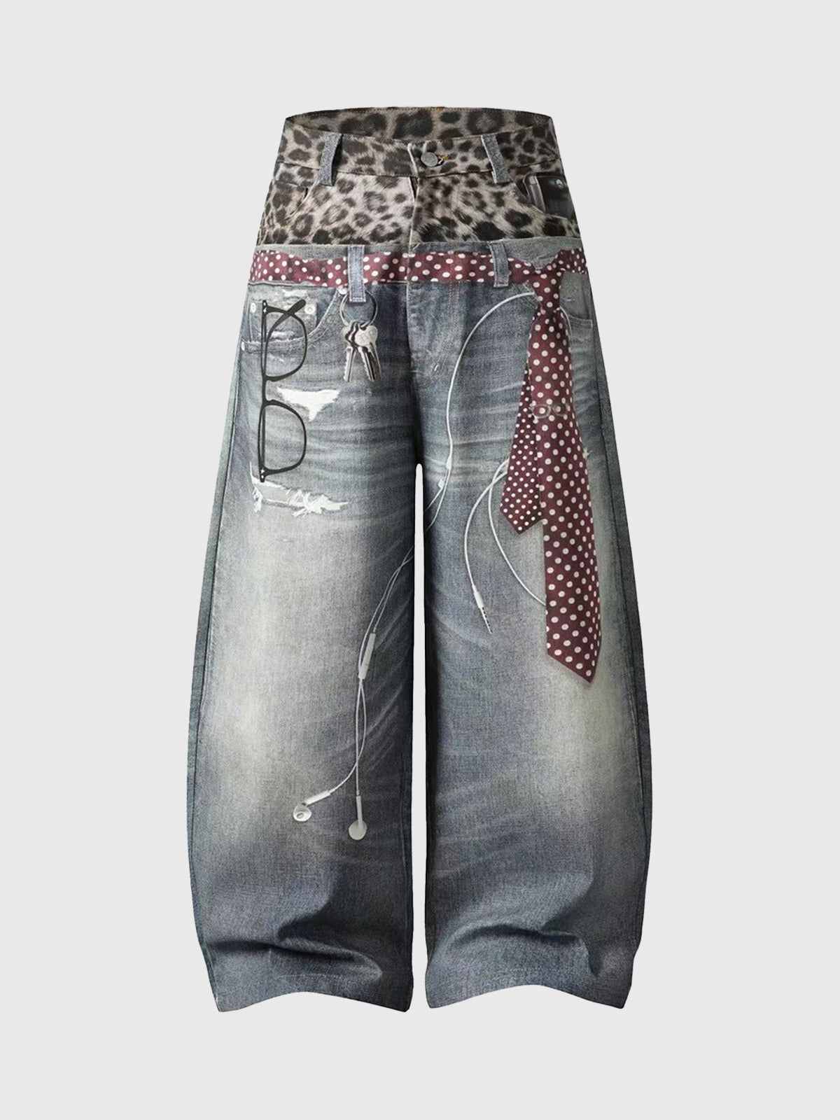 Dual Waist Charm Clash Barrel Jeans - Blue Leopard