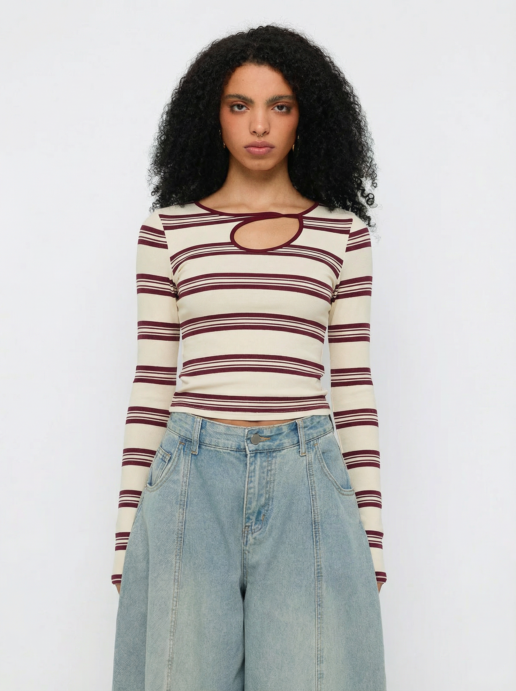 Line Break Cutout Sleeve Top - Red Stripe