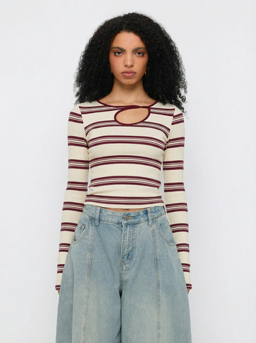 Line Break Cutout Sleeve Top - Red Stripe